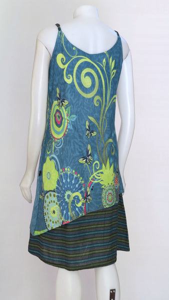 HI-D22123A-TQ Flower Print/ Striped Cotton  Dress