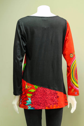 HI-T1990-RD - Printed Cotton Patch Tunic