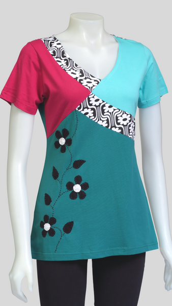 TT-T23326-GN Org. Sinker Applique Flowered Printed Dress