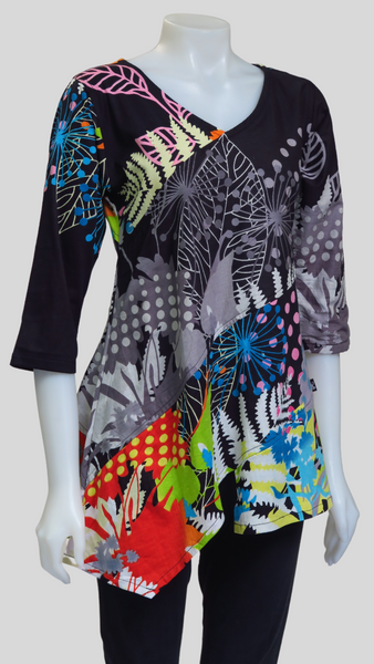 HI-T23006-BK Printed Cotton  Sinker 3/4 Sleeve Tunic