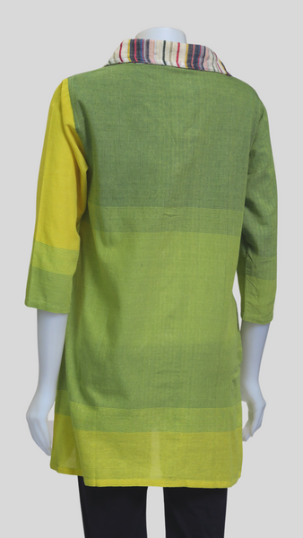 HI-T23027-LM Nepali Sari Cotton Stripe Button Up Top