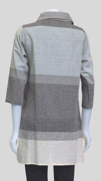 HI-T23027-GR Nepali Sari Cotton Stripe Button Up Top