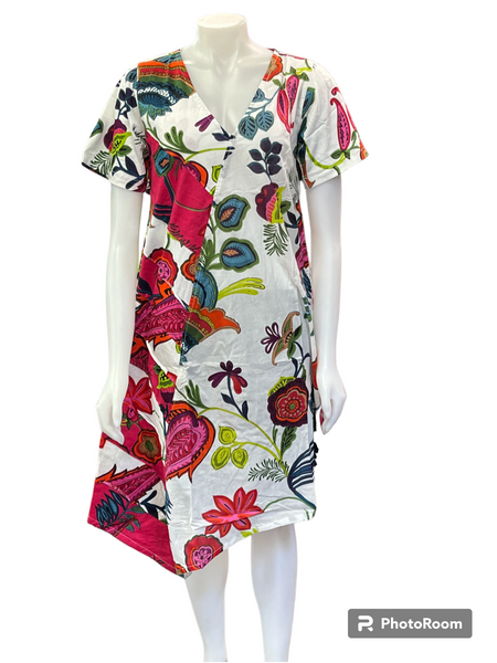 HI-D21253-WH Floral Cotton 1/2 Sleeve Dress