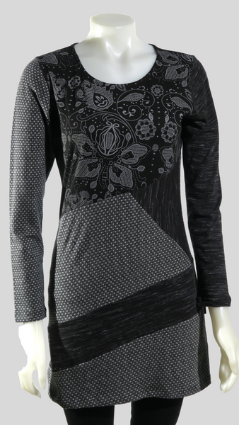 TT-T21361-BK - Jacquard Patch Org. Cotton Tunic