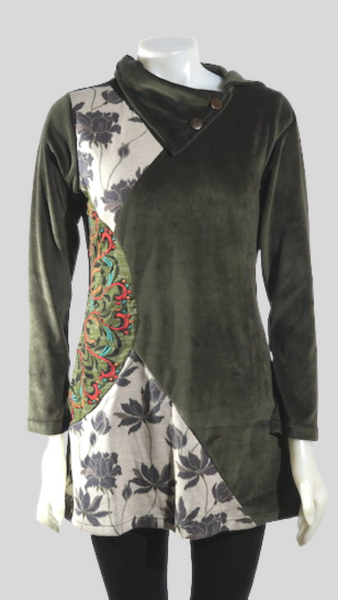 TT-T21920-OL - Floral Jacquard Velvet Emb. Tunic