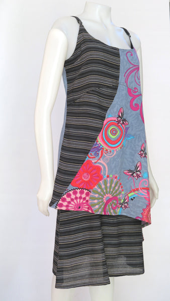 HI-D22123A-BK Flower Print/ Striped Cotton  Dress