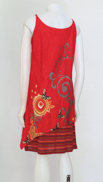 HI-D22123A-RD Flower Print/ Striped Cotton  Dress