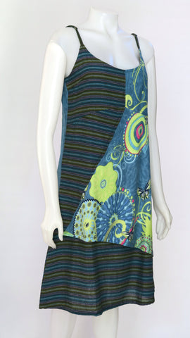 HI-D22123A-TQ Flower Print/ Striped Cotton  Dress