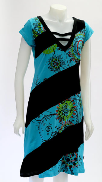 Printed Panel C/S V-Neck Dress