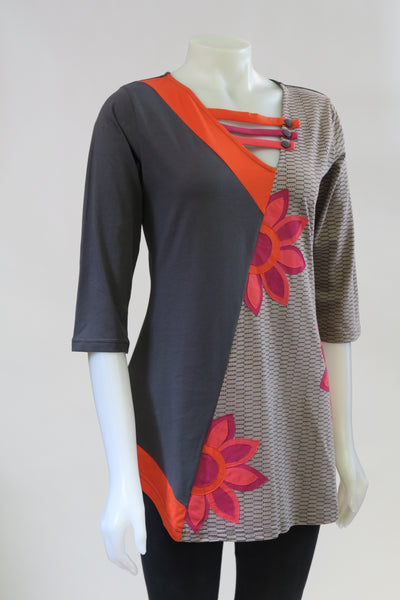 Org Cotton 3/4 Sleeve Half Flower Top