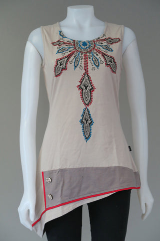 Printed Emb. Sleeveless Tunic Top