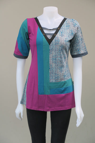 Organic Sq Neck 1/2 Sleeve Striped  Top